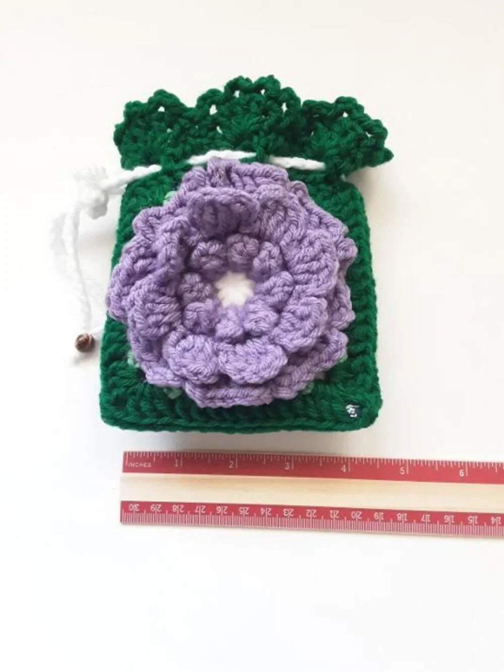 Crochet 3D Flower Coin Purse, Acrylic Drawstring Pouch, Sambazon Bead Accent New
